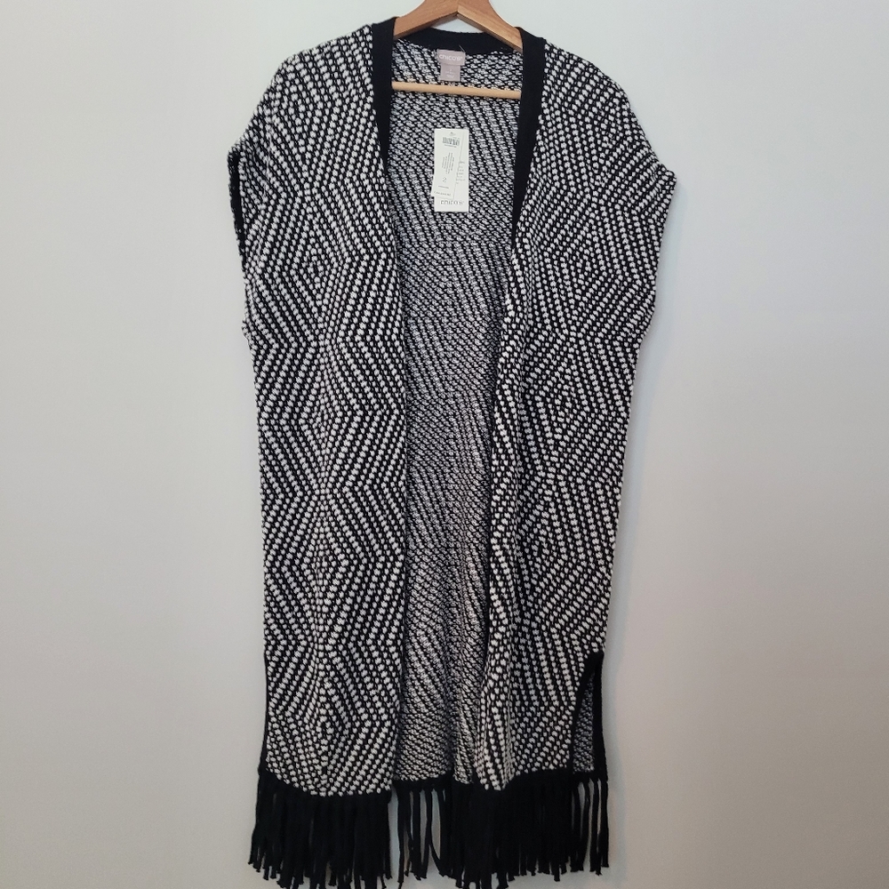 Chico's Long Cardigan Sweater Vest Black/White Size 2 Large Open Front Cardigan